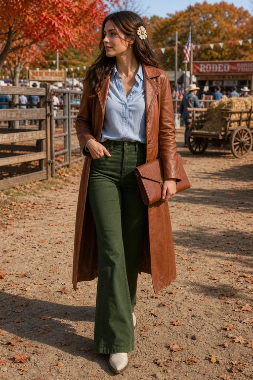 Brown Leather Coat and Olive Trousers Outfit A woman wears a long brown leather coat over a light blue shirt with olive green trousers, cream pointed-toe shoes, and a brown clutch.
