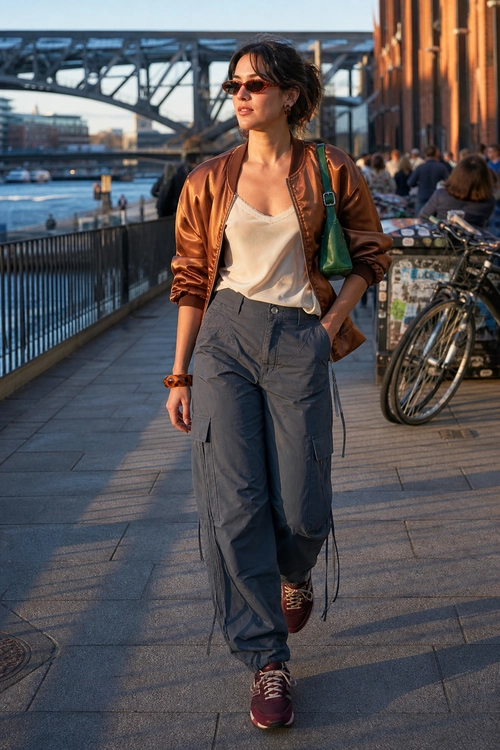 Urban outfit featuring a brown leather jacket, cream camisole, gray cargo pants, burgundy sneakers, green shoulder bag, and sunglasses.