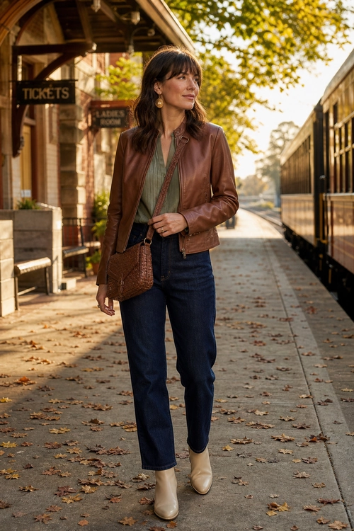 Brown Leather Jacket and Dark Jeans Outfit Woman wearing a brown leather jacket over an olive green top with dark jeans, beige ankle boots, gold earrings, and a brown crossbody bag.