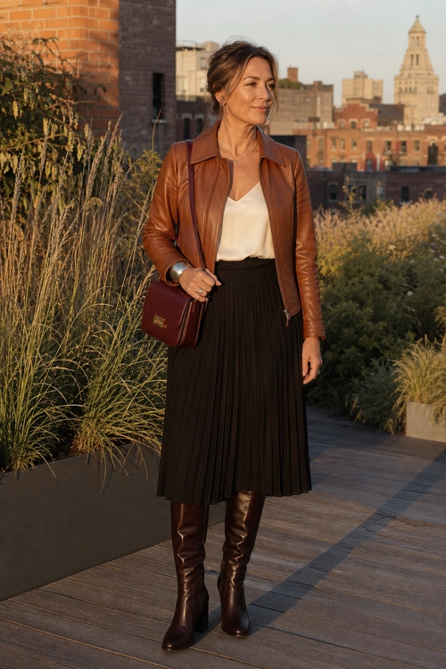 Brown Leather Jacket and Pleated Skirt Outfit A woman wears a brown leather jacket over a cream top with a black pleated skirt, brown knee-high boots, and a burgundy shoulder bag.