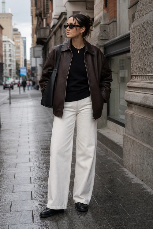 A person wears a dark brown leather jacket over a black top with white wide-leg pants, black loafers, sunglasses, and a black shoulder bag on a city sidewalk.