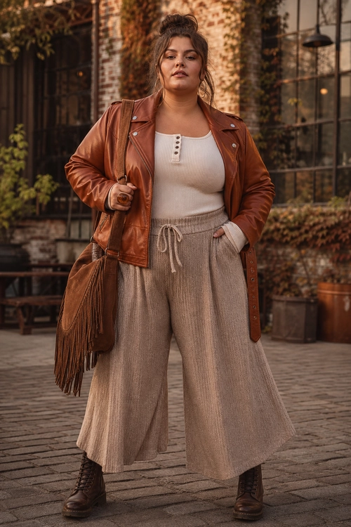 A woman wears a brown leather jacket over a white ribbed top with taupe wide-leg pants, brown lace-up boots, and a fringed shoulder bag.