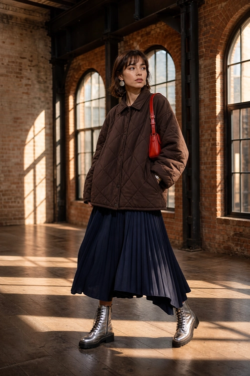 Brown Quilted Jacket with Pleated Navy Skirt A fashion outfit featuring a brown quilted jacket, navy pleated skirt, metallic lace-up ankle boots, and a red shoulder bag.