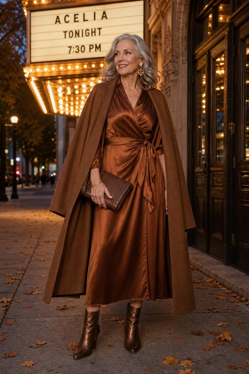 Brown Satin Dress and Cape Look A woman wears a brown satin wrap dress with a long cape-style coat, knee-high boots, and a textured clutch.
