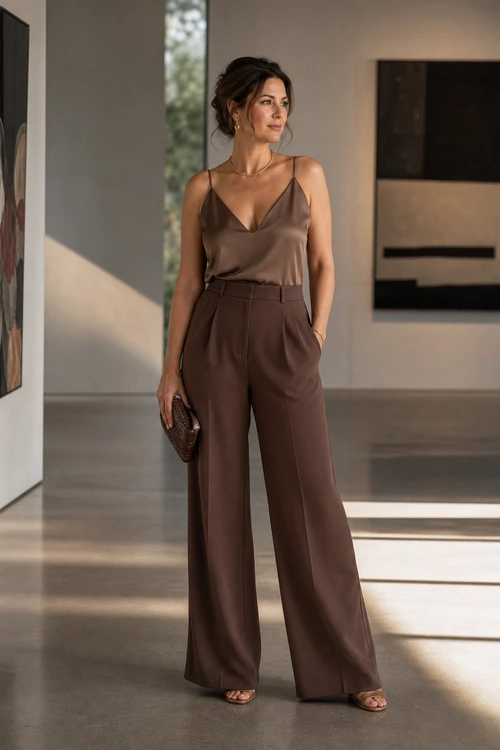 A woman wears a brown satin camisole with high-waisted wide-leg trousers, flat sandals, and a small clutch.
