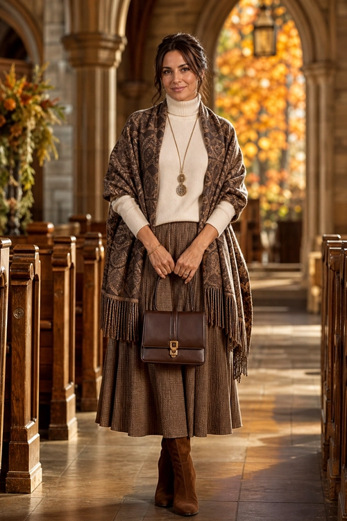 Brown Shawl and Pleated Skirt Outfit A woman wears a cream turtleneck, patterned brown fringed shawl, pleated brown midi skirt, knee-high boots, pendant necklace, and leather crossbody bag.