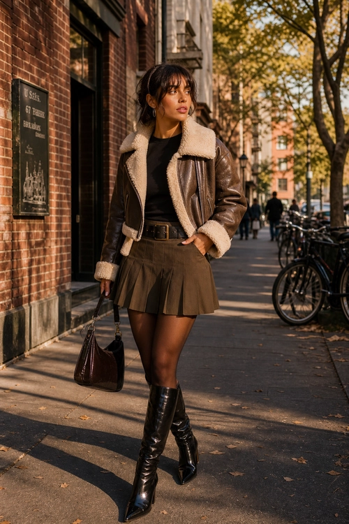 Brown Shearling Jacket and Pleated Skirt A woman wears a brown shearling-lined leather jacket, black top, pleated brown mini skirt, sheer tights, knee-high black boots, and carries a dark handbag on a city sidewalk.