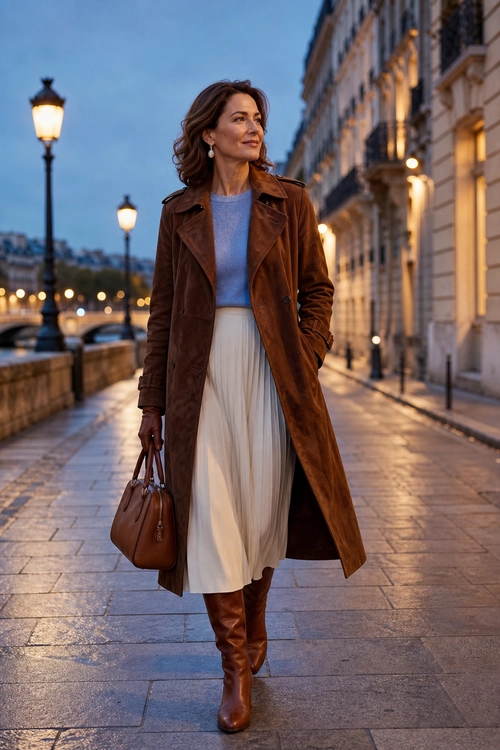 A woman wears a long brown suede coat over a light blue knit top and cream pleated midi skirt with brown knee-high boots and a handbag.