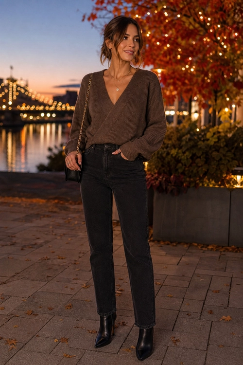 Brown Sweater and Black Jeans Outfit A woman wears a brown wrap-style knit sweater with black jeans, pointed ankle boots, and a small chain-strap shoulder bag.
