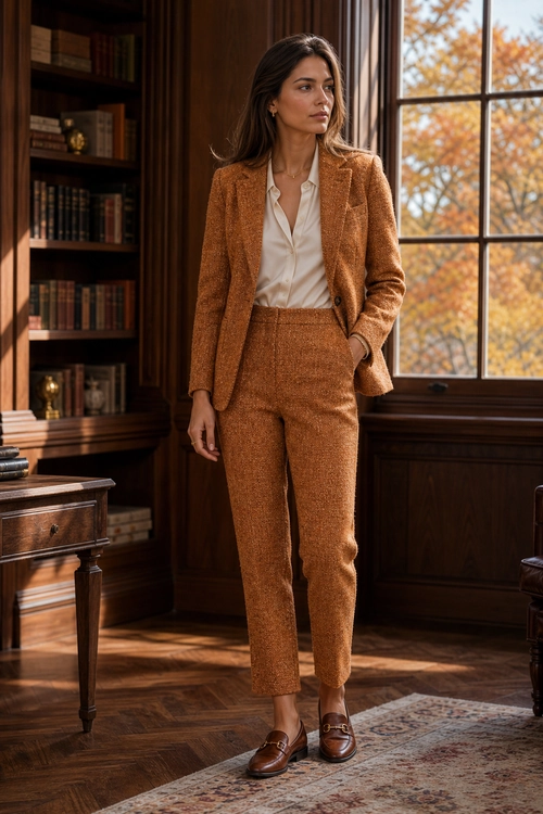 A woman wears a textured brown blazer and matching trousers with a cream blouse and brown loafers.