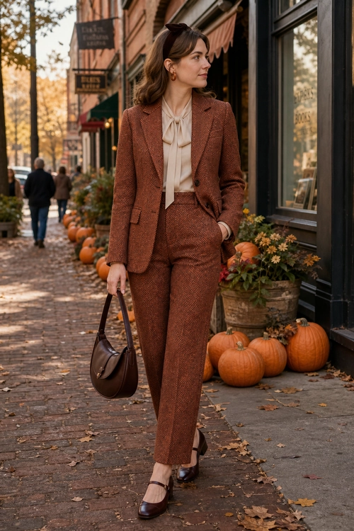 Brown Tailored Suit with Cream Tie-Neck Blouse A woman wears a brown textured blazer and matching trousers with a cream tie-neck blouse, brown Mary Jane shoes, and a dark brown handbag.