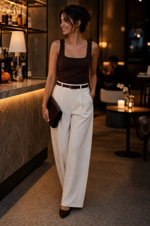 A woman wears a dark brown square-neck tank top with cream wide-leg trousers, a slim belt, pointed shoes, hoop earrings, and a dark clutch.