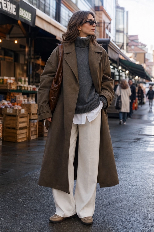 Brown Trench Coat and Wide-Leg Trousers A street-style outfit featuring a long brown trench coat, gray turtleneck sweater, white shirt, wide-leg trousers, brown loafers, sunglasses, and a shoulder bag.