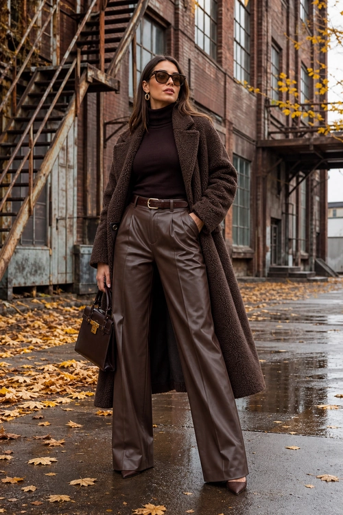 A woman wears a dark brown turtleneck, long textured coat, wide-leg leather trousers, sunglasses, and carries a structured handbag.