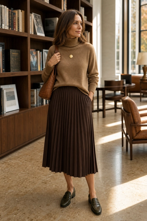 Brown Turtleneck and Pleated Skirt Outfit A woman wears a brown turtleneck sweater with a dark brown pleated midi skirt, loafers, a woven shoulder bag, and a pendant necklace.