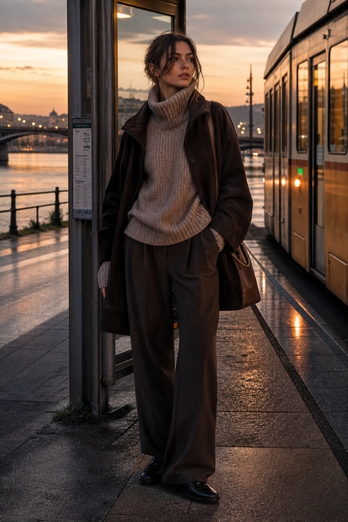 A woman wears a chunky taupe turtleneck sweater, dark brown long coat, wide-leg trousers, black loafers, and a brown shoulder bag.