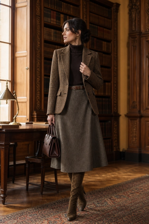 Classic Brown Tweed Skirt Outfit Woman wearing a brown tweed blazer, dark turtleneck, belted midi skirt, brown boots, and carrying a structured handbag.