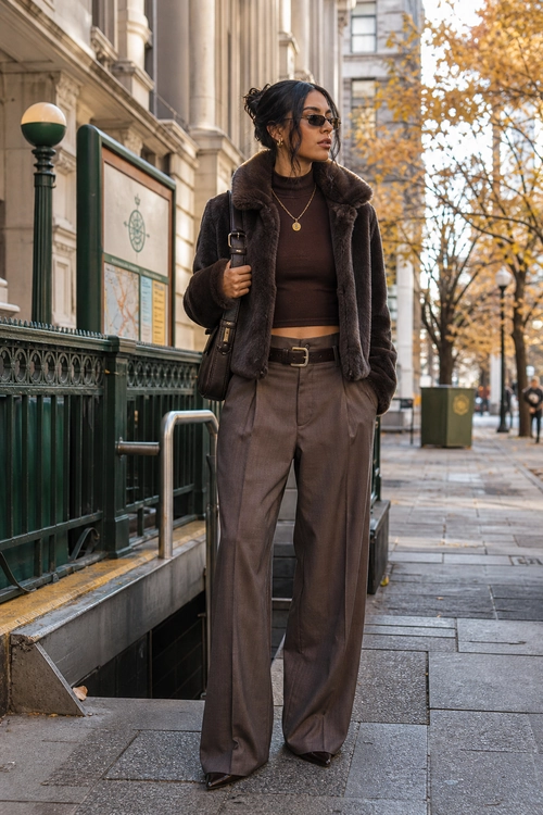 A woman wears a dark brown plush jacket over a cropped brown top with wide-leg brown trousers, a belt, shoulder bag, sunglasses, and a pendant necklace.