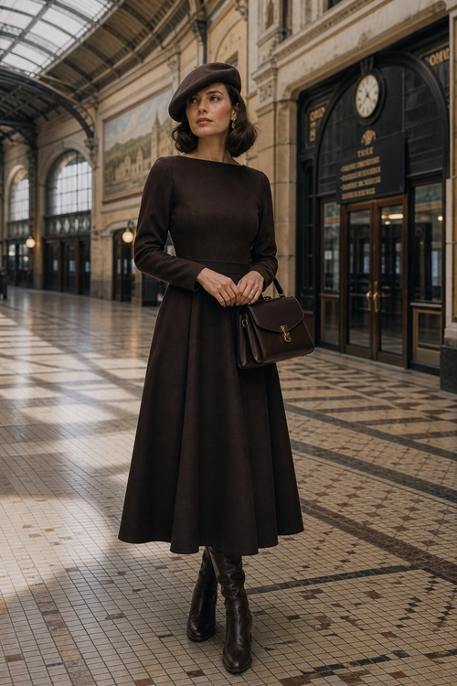 Woman wearing a dark brown long-sleeve dress with a matching beret, knee-high boots, and a structured shoulder bag.