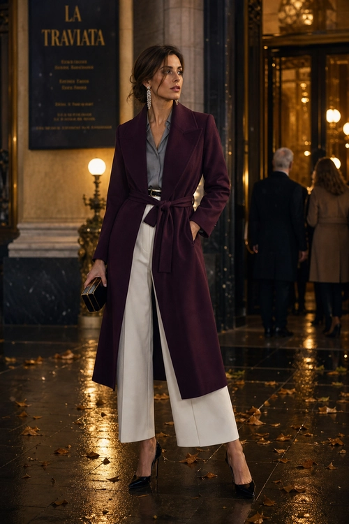 Burgundy Belted Coat Outfit A woman wears a burgundy belted coat over a gray blouse and white wide-leg trousers with black pointed heels and a black clutch.