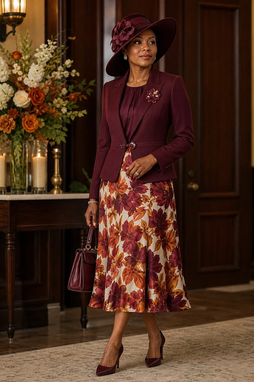 Burgundy Blazer and Floral Skirt Outfit A woman wears a burgundy blazer, wide-brim hat, floral midi skirt, matching handbag, and pointed heels.