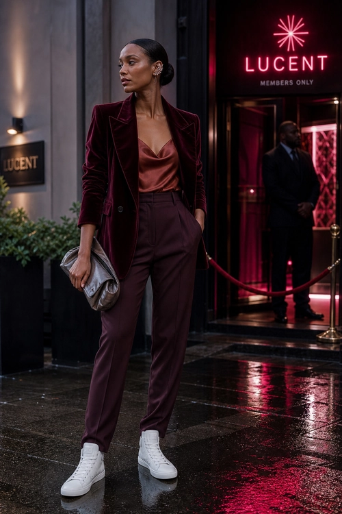 Burgundy Blazer and Satin Top Outfit A tailored burgundy blazer and trousers styled with a satin camisole, white high-top sneakers, and a metallic clutch.