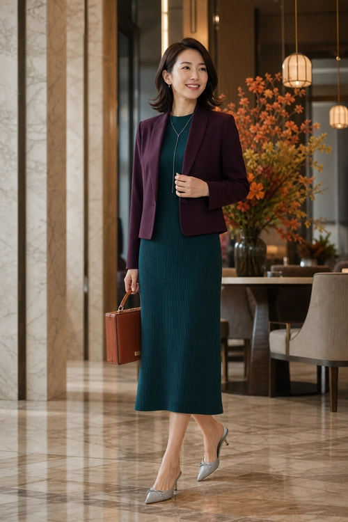 A woman wears a burgundy blazer over a teal ribbed midi dress with silver pointed shoes and carries a brown handbag.
