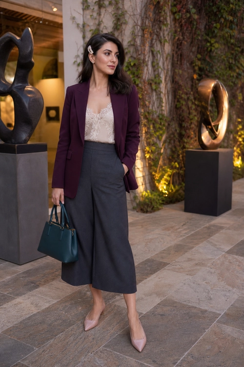 Burgundy Blazer and Wide-Leg Trousers A woman wears a burgundy blazer over a cream lace camisole with charcoal wide-leg trousers, blush pointed heels, and a teal handbag.