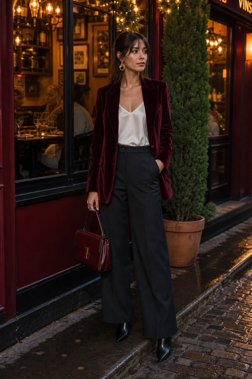 Burgundy Blazer and Wide-Leg Trousers A fashion outfit featuring a burgundy velvet blazer, white camisole, black wide-leg trousers, pointed ankle boots, and a structured handbag.