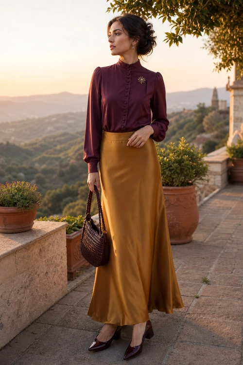 Burgundy Blouse and Gold Skirt A woman wears a burgundy high-neck blouse with a brooch, a flowing gold midi skirt, pointed heels, and a woven handbag.