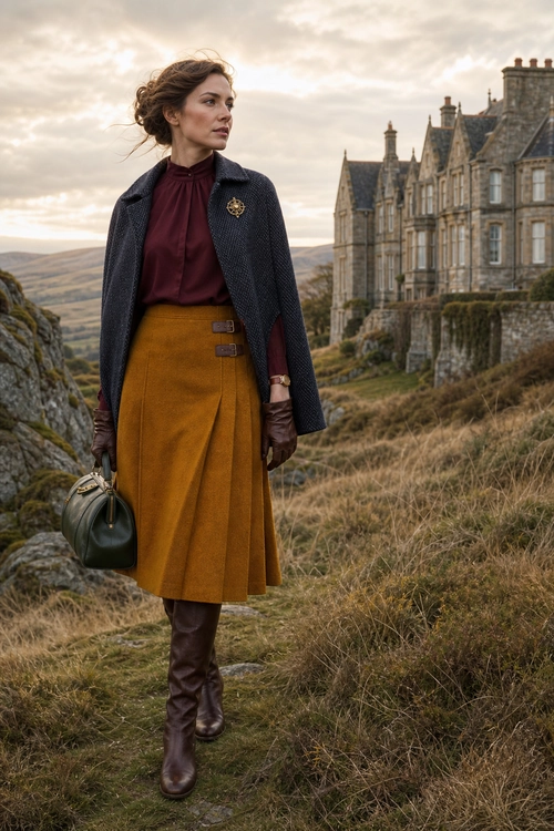 Burgundy Blouse and Mustard Skirt Outfit A woman wears a burgundy high-neck blouse, dark cape-style jacket, mustard pleated midi skirt, brown gloves and tall brown boots while carrying a dark green handbag.