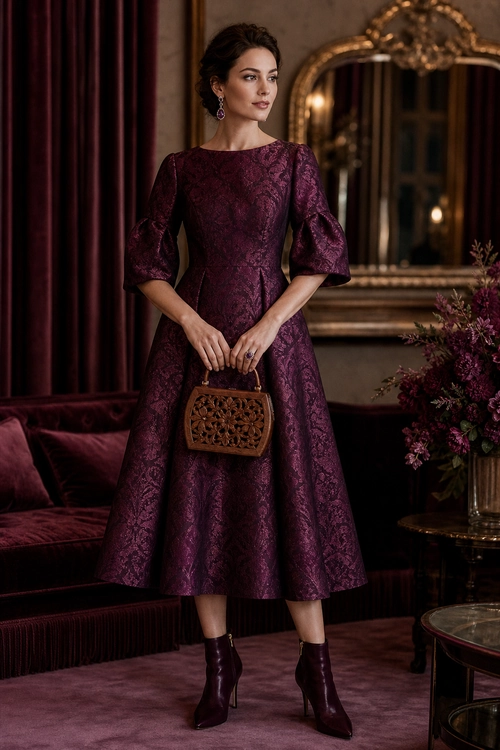 Woman wearing a burgundy brocade midi dress with puff sleeves, drop earrings, a carved brown handbag, and burgundy ankle boots.