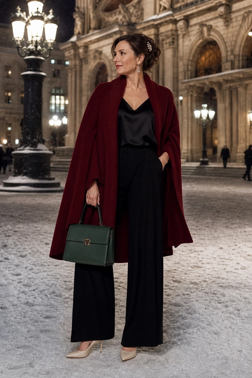 A woman wears a burgundy cape over a black V-neck top and wide-leg trousers with beige pointed heels and a dark green handbag.