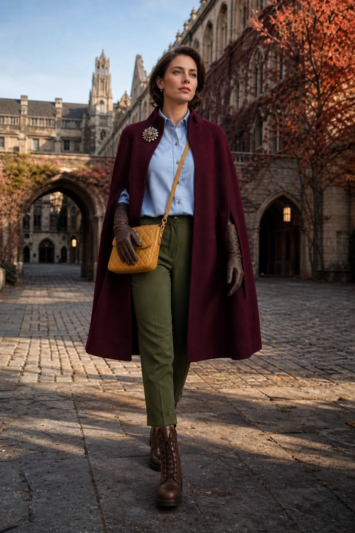 A woman wears a burgundy cape over a light blue shirt with olive trousers, brown gloves and boots, and a mustard quilted crossbody bag.