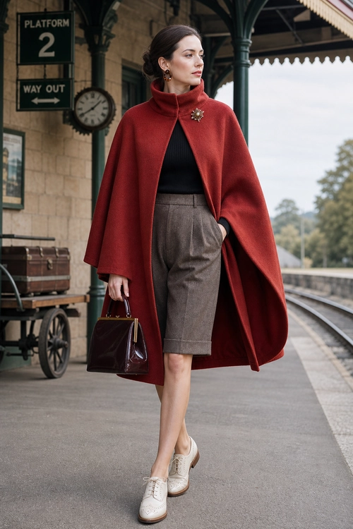 Burgundy Cape and Tailored Shorts Outfit A woman wears a burgundy cape over a black turtleneck with brown tailored shorts, white lace-up shoes, and a matching burgundy handbag.