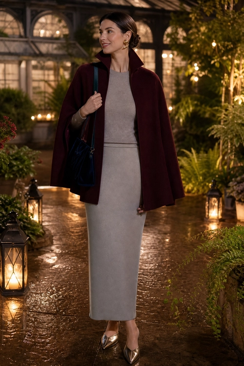 Burgundy Cape and Taupe Midi Dress A woman wears a burgundy cape-style coat over a taupe midi dress with metallic pointed heels and a dark shoulder bag.