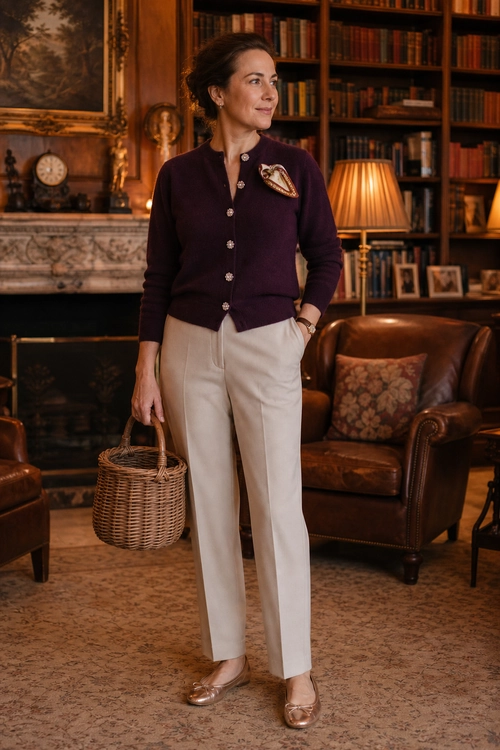 A woman wears a burgundy button-front cardigan with cream straight-leg trousers, metallic ballet flats, a patterned scarf accent, and a woven basket bag.