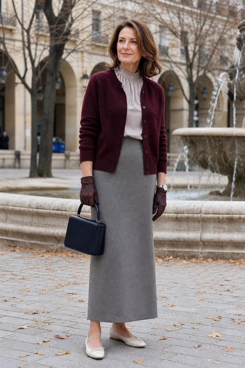 Burgundy Cardigan and Gray Skirt Outfit A woman wears a burgundy cardigan over a light high-neck blouse with a gray midi skirt, gloves, a navy handbag, and cream flats.