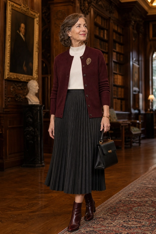 Burgundy Cardigan and Pleated Skirt Outfit A woman wears a burgundy cardigan over a white high-neck top with a dark gray pleated midi skirt, burgundy ankle boots, and a black handbag.