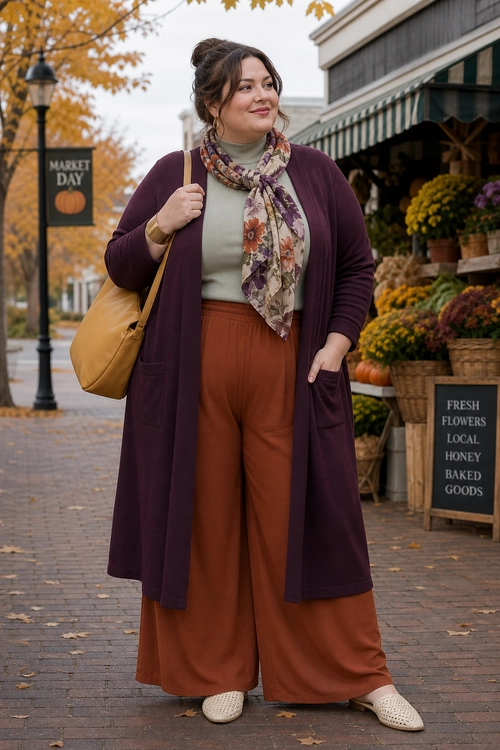 Burgundy Cardigan and Rust Wide-Leg Pants A layered outfit featuring a long burgundy cardigan, sage green top, floral scarf, rust wide-leg pants, tan shoulder bag, and cream slip-on shoes.