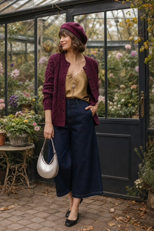 A burgundy knit cardigan and matching beanie are styled with a camel camisole, dark wide-leg cropped jeans, black flats, and a silver handbag.