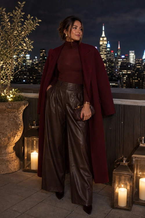 Burgundy Coat and Leather Trousers A woman wears a burgundy long coat over a matching high-neck top with dark brown leather wide-leg trousers and pointed dark shoes.