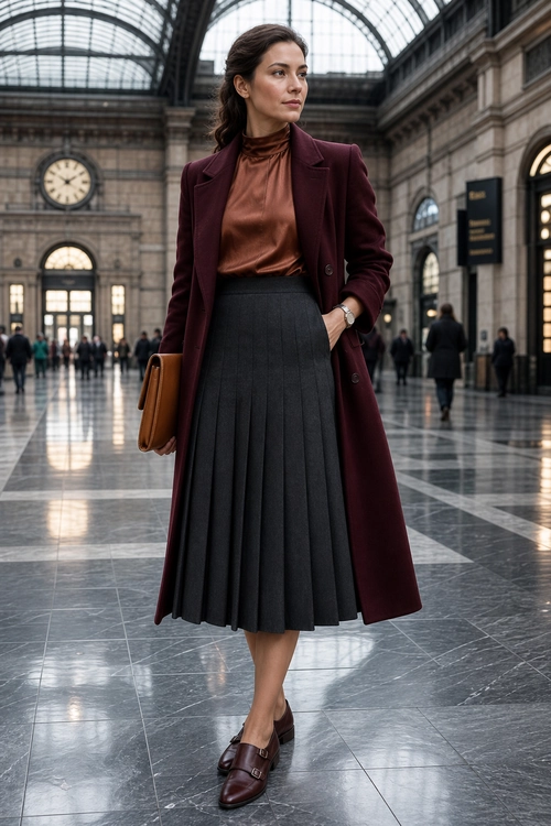 Burgundy Coat and Pleated Skirt Outfit A woman wears a burgundy long coat over a brown high-neck blouse and charcoal pleated midi skirt with brown loafers.
