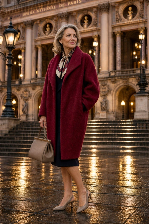 A woman wears a burgundy overcoat with a dark dress, patterned scarf, beige handbag, and nude heels outside an ornate building.