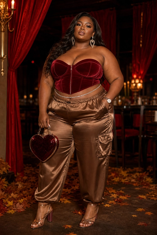 A fashion look featuring a burgundy strapless corset top, bronze satin cargo pants, strappy heels, a heart-shaped handbag, earrings, and a watch.