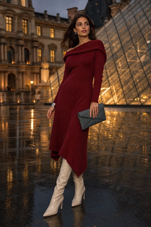 Burgundy Draped Dress with Ivory Boots A woman wears a burgundy long-sleeve draped dress with ivory pointed boots and carries a black clutch.