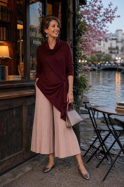 Woman wearing a burgundy draped long-sleeve top with blush pink pleated wide-leg trousers, taupe heels, and a matching handbag.