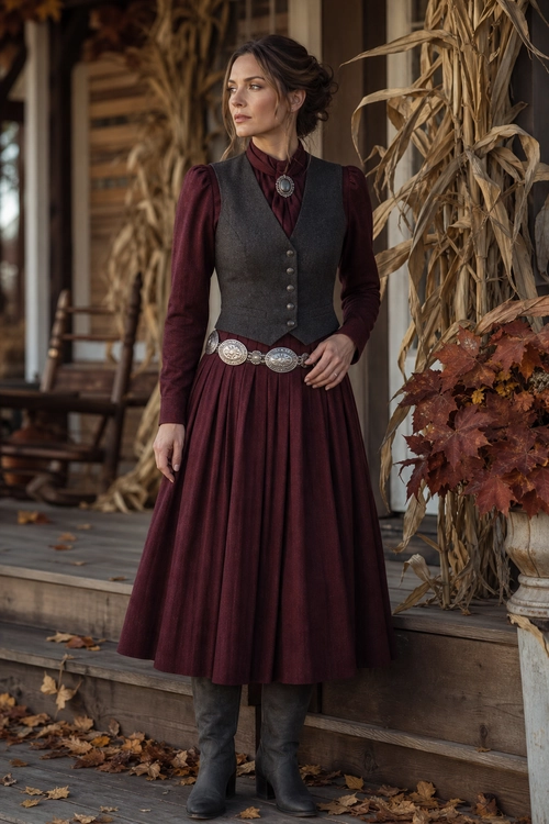 Burgundy Dress with Gray Vest A woman wears a burgundy long-sleeve dress with a gray buttoned vest, ornate belt, pendant necklace, and gray boots.