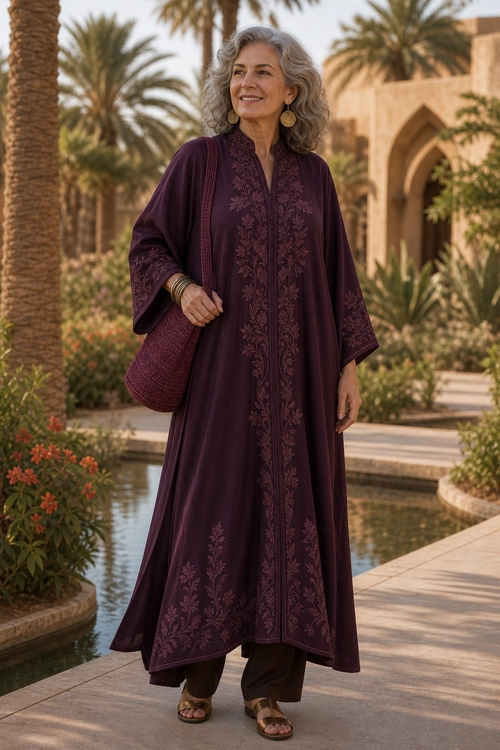 Embroidered Burgundy Kaftan Outfit A woman wears a flowing burgundy embroidered kaftan with dark wide-leg pants, flat sandals, gold jewelry, and a woven shoulder bag.