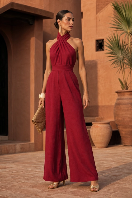 Burgundy Halter Jumpsuit Outfit Woman wearing a burgundy halter-neck wide-leg jumpsuit with gold sandals, statement earrings, a bracelet, and a woven clutch.